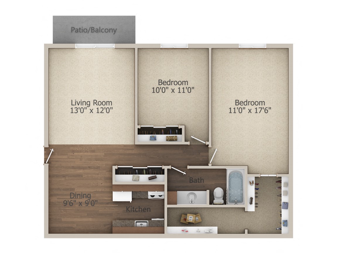 Floor plan for 2 beds, 1 bath, 910 sqft